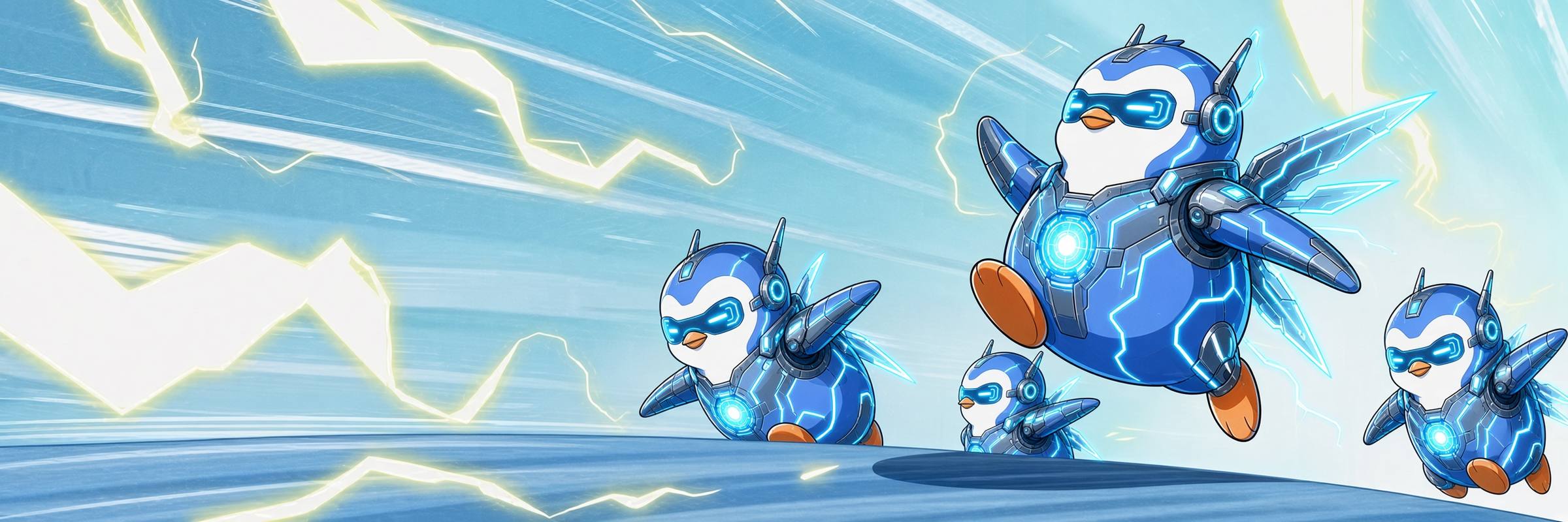 Four armored penguins with glowing visors racing across ice under lightning